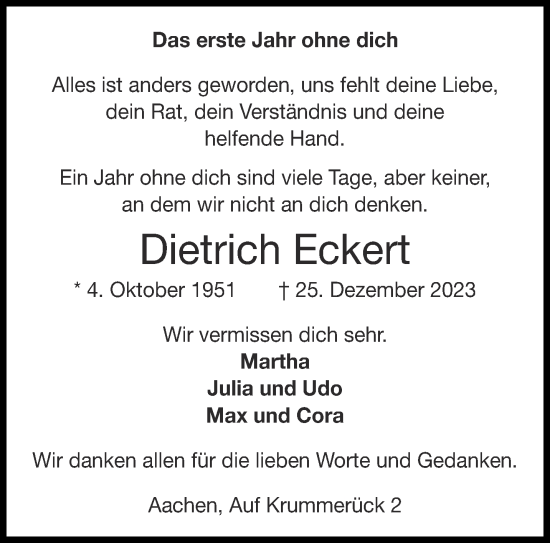 Traueranzeige von Dietrich Eckert von Aachener Zeitung
