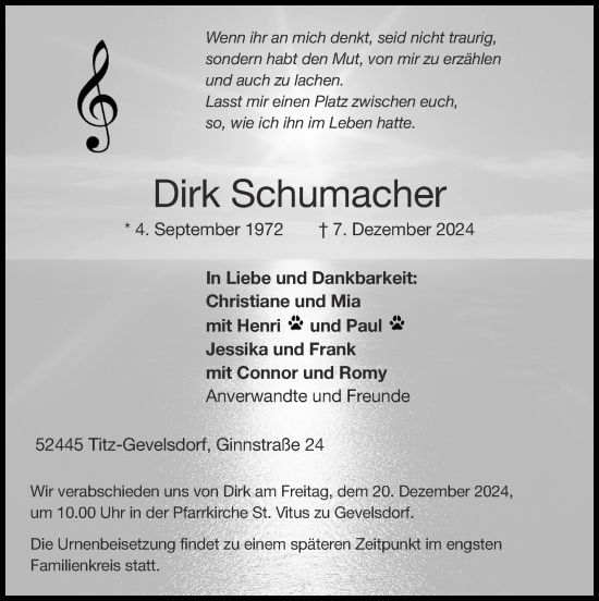 Traueranzeige von Dirk Schumacher von Zeitung am Sonntag