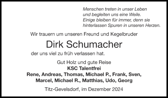 Traueranzeige von Dirk Schumacher von Zeitung am Sonntag