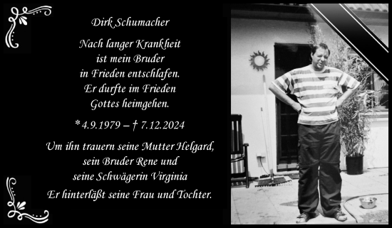 Traueranzeige von Dirk Schumacher von Zeitung am Sonntag