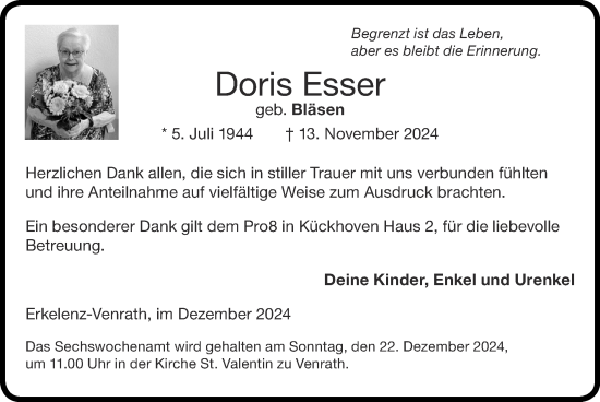 Traueranzeige von Doris Esser von Zeitung am Sonntag