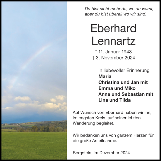 Traueranzeige von Eberhard Lennartz von Zeitung am Sonntag