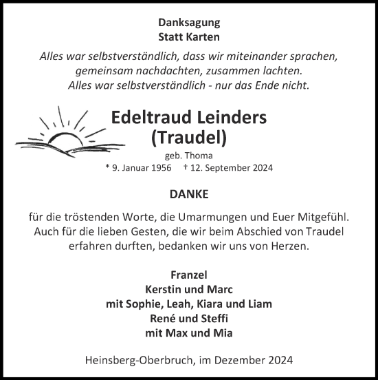 Traueranzeige von Edeltraud Leinders von Zeitung am Sonntag