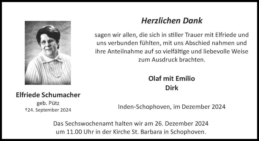  Traueranzeige für Elfriede Schumacher vom 22.12.2024 aus Zeitung am Sonntag