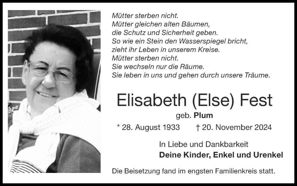  Traueranzeige für Elisabeth  Fest vom 15.12.2024 aus Zeitung am Sonntag