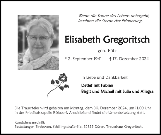 Traueranzeige von Elisabeth Gregoritsch von Zeitung am Sonntag