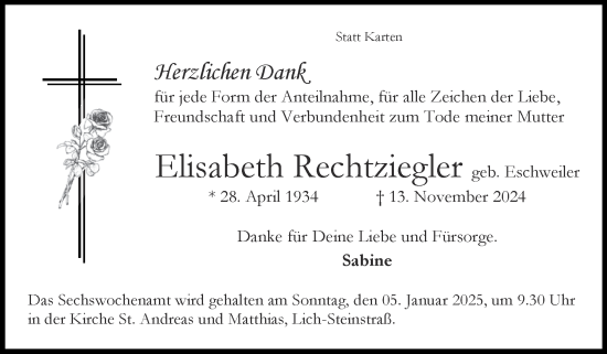Traueranzeige von Elisabeth Rechtziegler von Zeitung am Sonntag