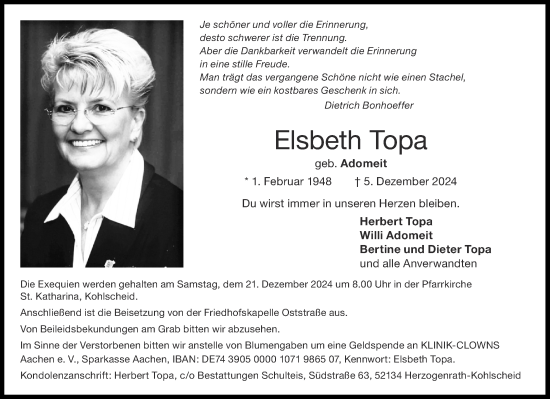 Traueranzeige von Elsbeth Topa von Aachener Zeitung