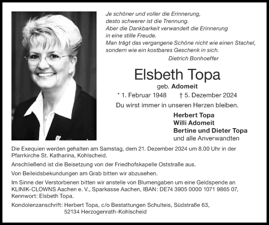 Traueranzeige von Elsbeth Topa von Zeitung am Sonntag