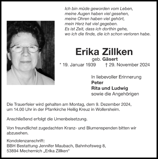 Traueranzeige von Erika Zillken von Zeitung am Sonntag