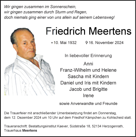 Traueranzeige von Friedrich Meertens von Zeitung am Sonntag