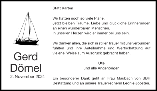 Traueranzeige von Gerd Dömel von Zeitung am Sonntag