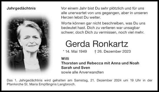 Traueranzeige von Gerda Ronkartz von Zeitung am Sonntag