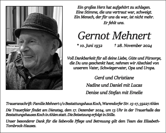 Traueranzeige von Gernot Mehnert von Zeitung am Sonntag