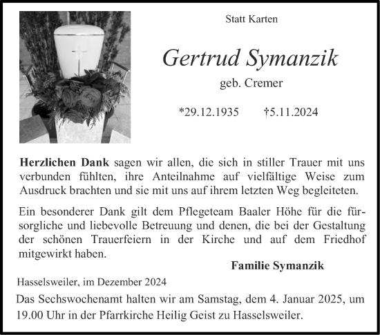 Traueranzeige von Gertrud Symanzik von Zeitung am Sonntag