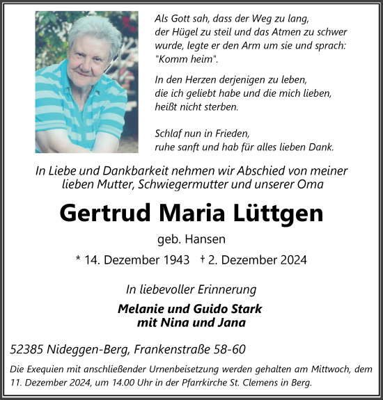Traueranzeige von Gertrud Maria Lüttgen von Zeitung am Sonntag