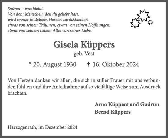 Traueranzeige von Gisela Küppers von Aachener Zeitung