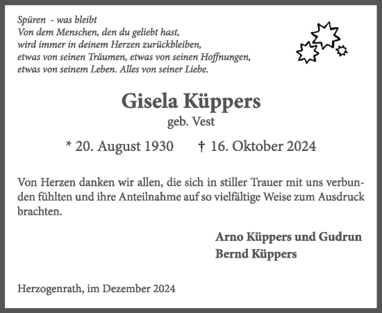 Traueranzeige von Gisela Küppers von Zeitung am Sonntag