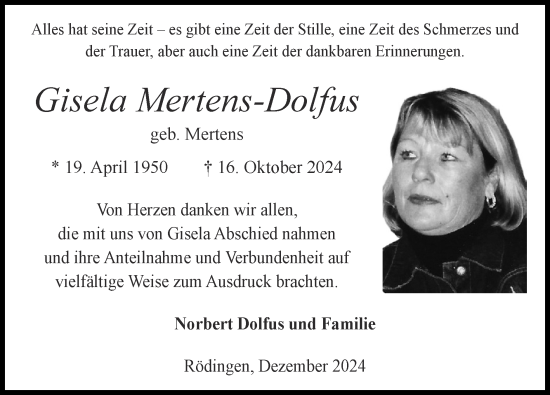 Traueranzeige von Gisela Mertens-Dolfus von Zeitung am Sonntag
