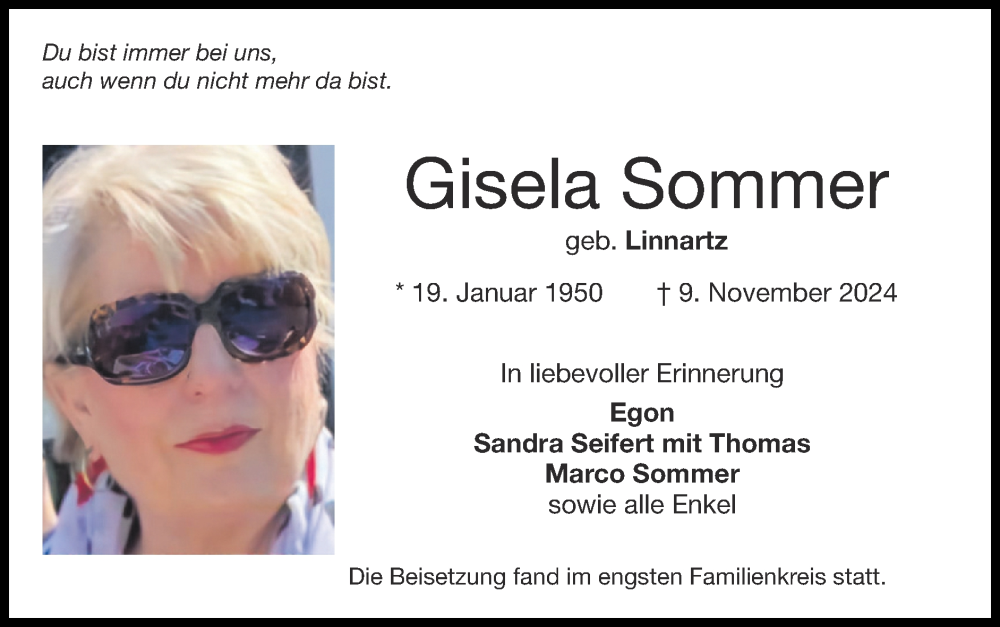  Traueranzeige für Gisela Sommer vom 22.12.2024 aus Zeitung am Sonntag