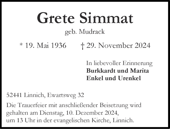 Traueranzeige von Grete Simmat von Zeitung am Sonntag