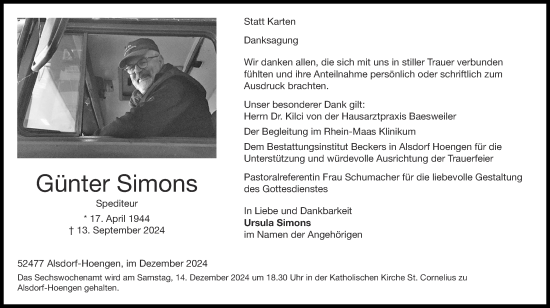 Traueranzeige von Günter Simons von Zeitung am Sonntag