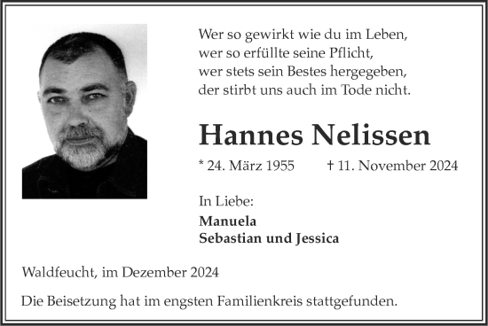 Traueranzeige von Hannes Nelissen von Zeitung am Sonntag