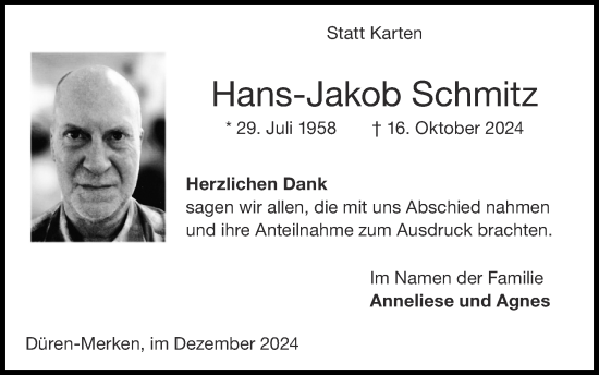 Traueranzeige von Hans-Jakob Schmitz von Zeitung am Sonntag