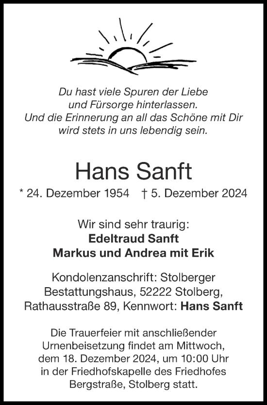 Traueranzeige von Hans Sanft von Zeitung am Sonntag