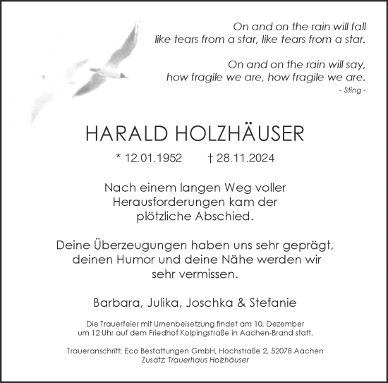 Traueranzeige von Harald Holzhäuser von Aachener Zeitung
