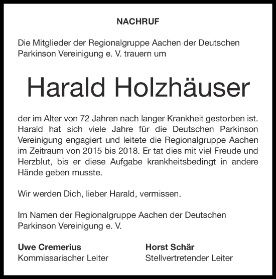 Traueranzeige von Harald Holzhäuser von Zeitung am Sonntag