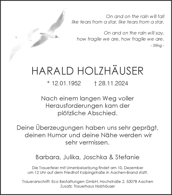 Traueranzeige von Harald Holzhäuser von Zeitung am Sonntag
