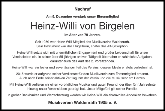 Traueranzeige von Heinz-Willi von Birgelen von Zeitung am Sonntag