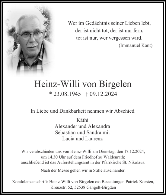 Traueranzeige von Heinz-Willi von Birgelen von Zeitung am Sonntag