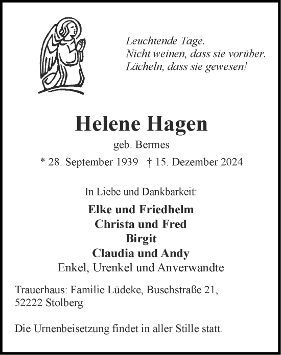 Traueranzeige von Helene Hagen von Zeitung am Sonntag