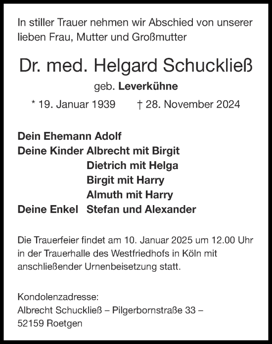Traueranzeige von Helgard Schuckließ von Zeitung am Sonntag