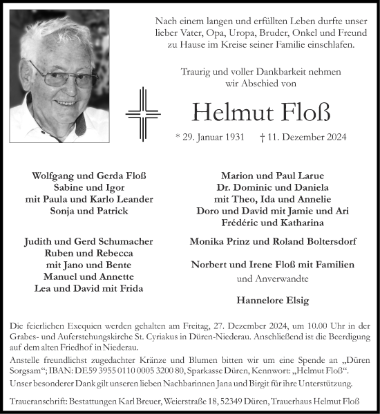 Traueranzeige von Helmut Floß von Aachener Zeitung