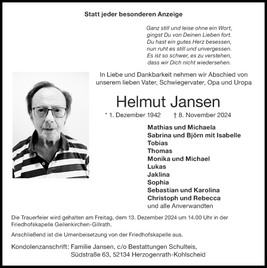 Traueranzeige von Helmut Jansen von Zeitung am Sonntag