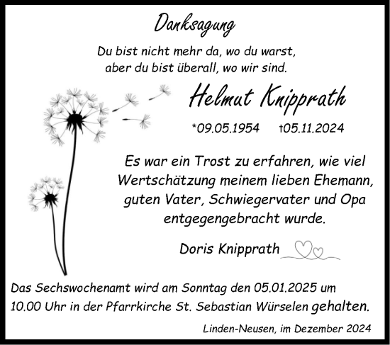 Traueranzeige von Helmut Knipprath von Zeitung am Sonntag