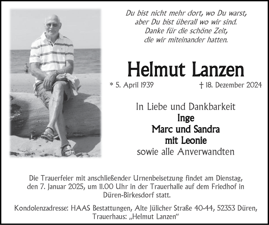 Traueranzeige von Helmut Lanzen von Zeitung am Sonntag