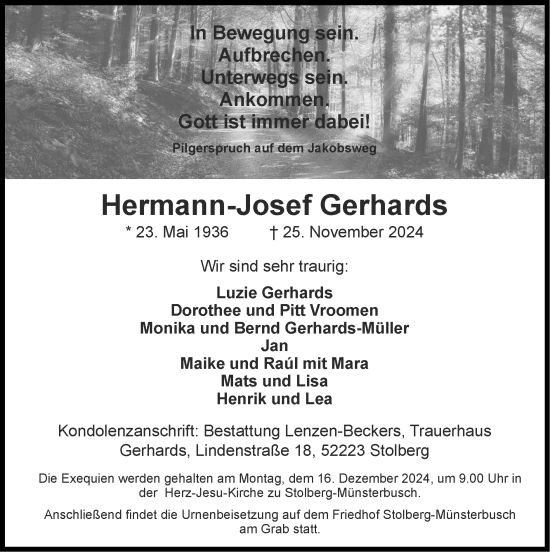 Traueranzeige von Hermann-Josef Gerhards von Zeitung am Sonntag