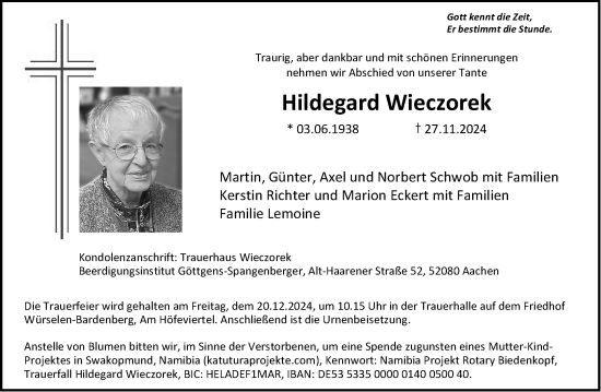 Traueranzeige von Hildegard Wieczorek von Aachener Zeitung