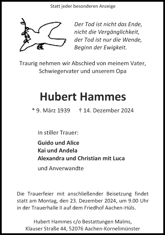 Traueranzeige von Hubert Hammes von Aachener Zeitung