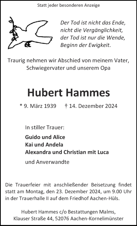 Traueranzeige von Hubert Hammes von Zeitung am Sonntag