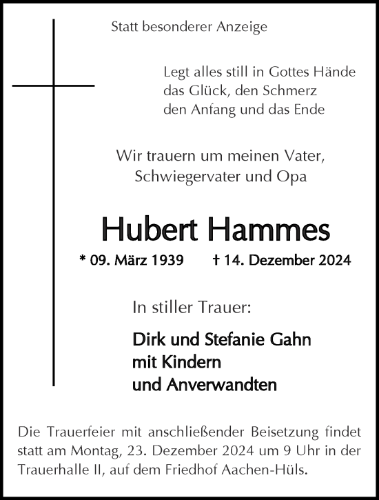 Traueranzeige von Hubert Hammes von Aachener Zeitung