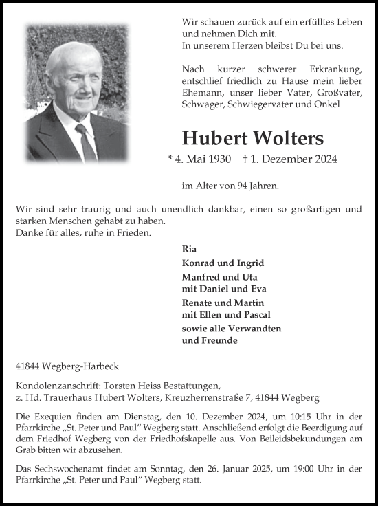 Traueranzeige von Hubert Wolters von Zeitung am Sonntag