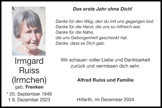 Traueranzeige von Irmgard Ruiss von Zeitung am Sonntag