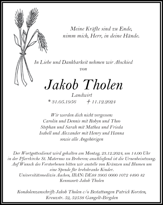 Traueranzeige von Jakob Tholen von Zeitung am Sonntag