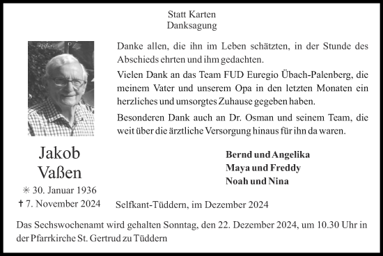 Traueranzeige von Jakob Vaßen von Zeitung am Sonntag