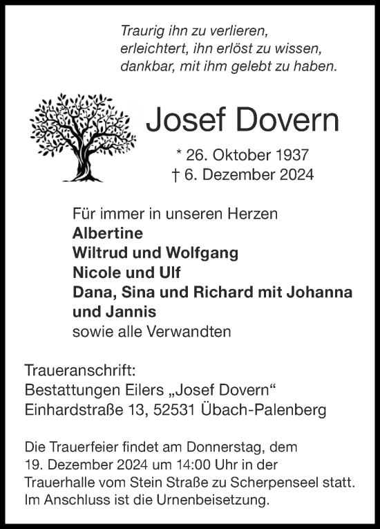 Traueranzeige von Josef Dovern von Zeitung am Sonntag